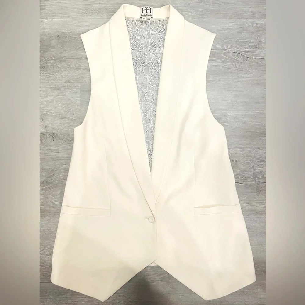 Revolve Haute Hippie Sleeveless Lace Crepe Cloak Vest in Swan (Ivory/Pearl) Sz 8 - Picture 1 of 10